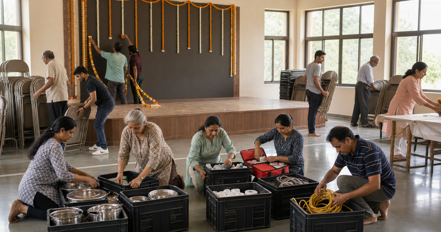 Volunteers organize reusable supplies and fold chairs in a community hall on the morning after an event.