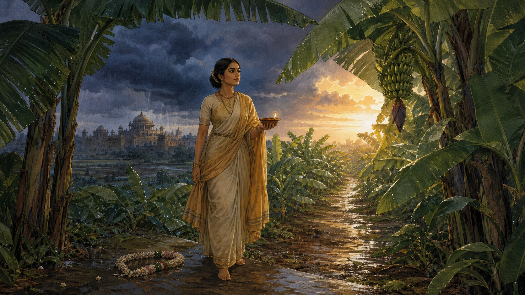 A royal South Asian woman carrying a clay lamp walks from a rain-darkened palace toward a sunlit path through a plantain grove.