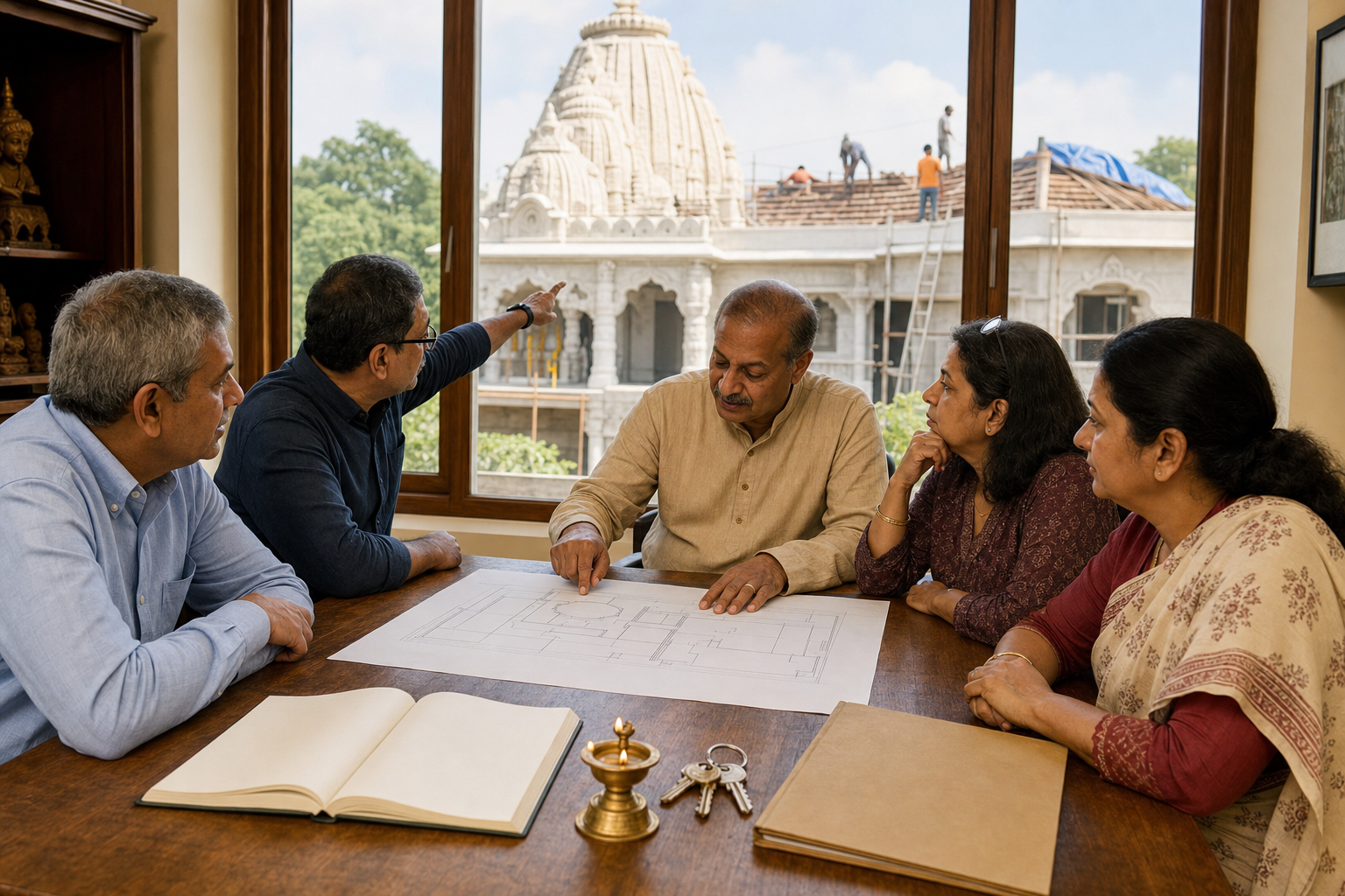 Five temple trustees review an unlabeled site plan, keys, maintenance materials, and a document folder in an office overlooking the temple courtyard.