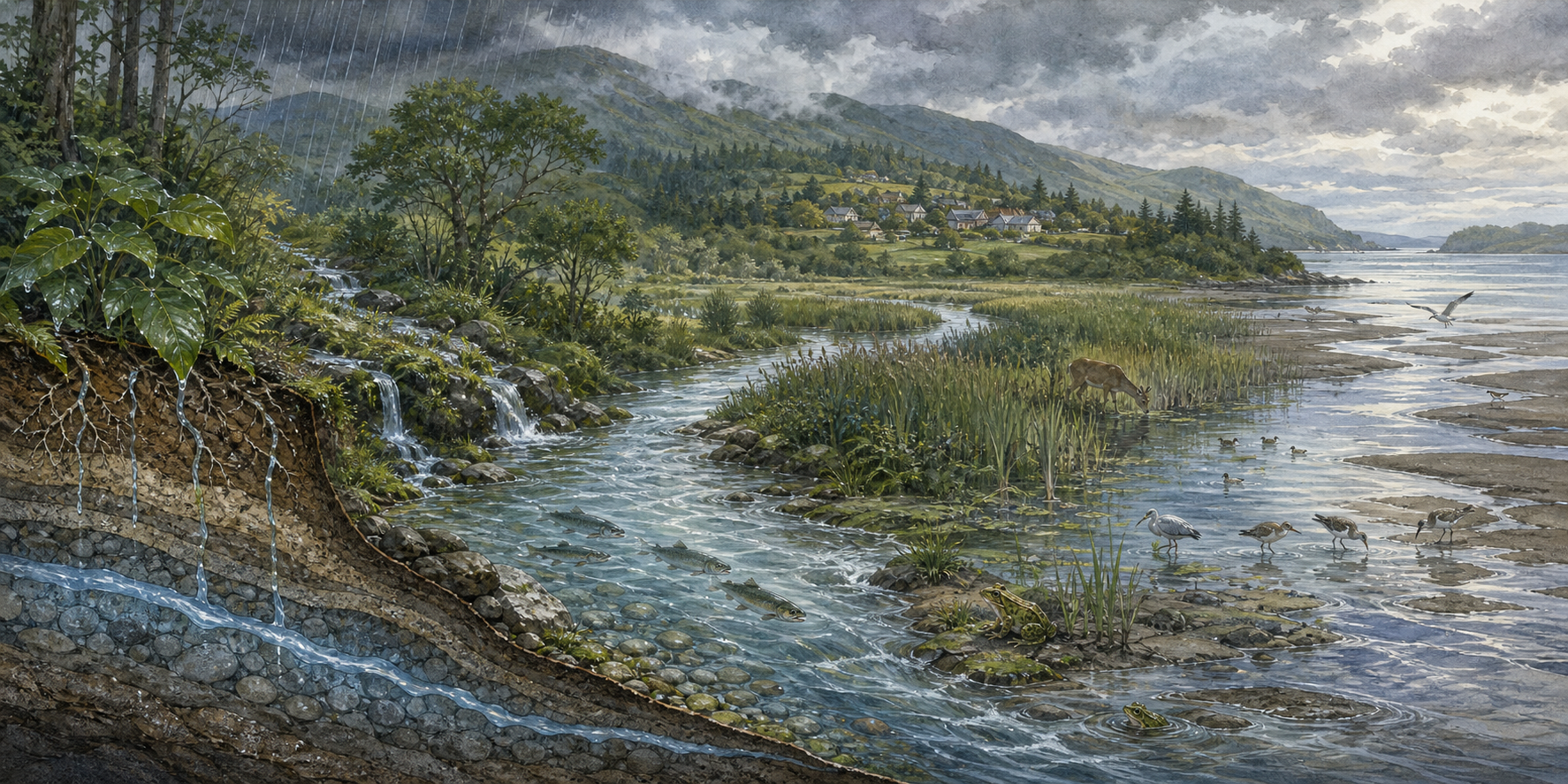 Rain moves from wooded hills into soil, springs, a river, wetlands, and an estuary shared by plants, wildlife, and a nearby settlement.