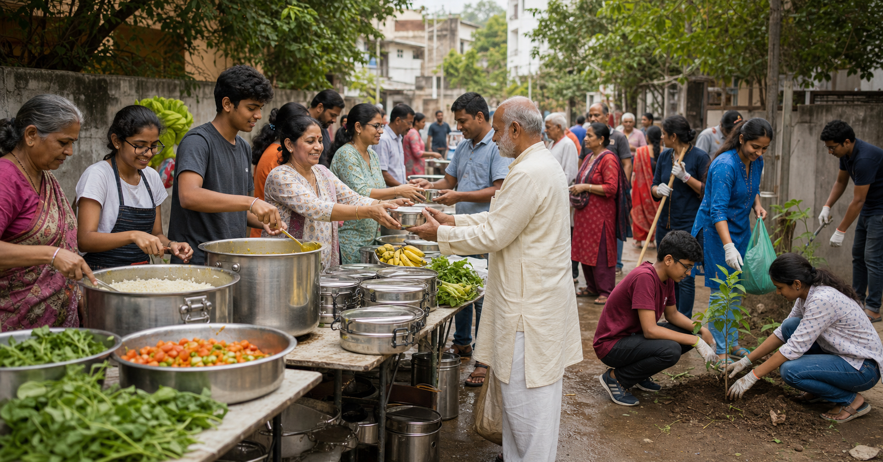 Hindu volunteers and neighborhood residents cook and distribute meals, clean a lane, and plant saplings together.