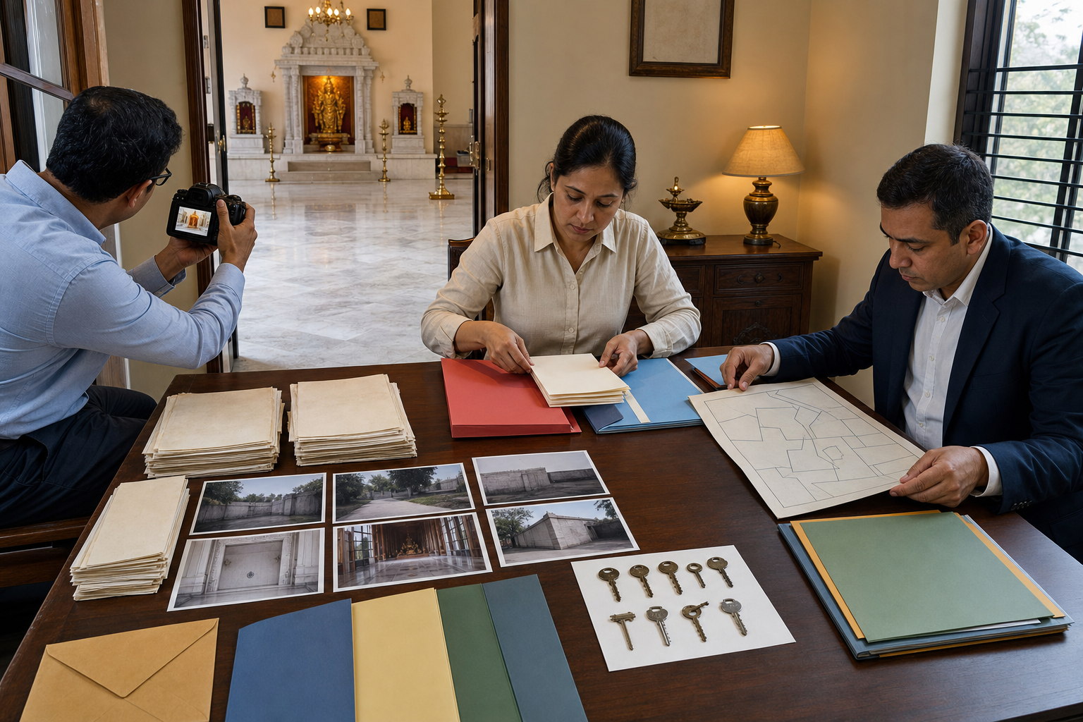 Two temple trustees and an adviser organize document copies, property photographs, keys, folders, a camera, and an unlabeled boundary map beside the prayer hall.
