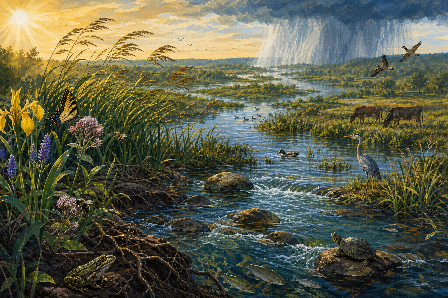 Sunlight, wind, distant rain, flowing water, fertile soil, plants, insects, fish, frogs, turtles, birds, and grazing animals share a flourishing wetland.