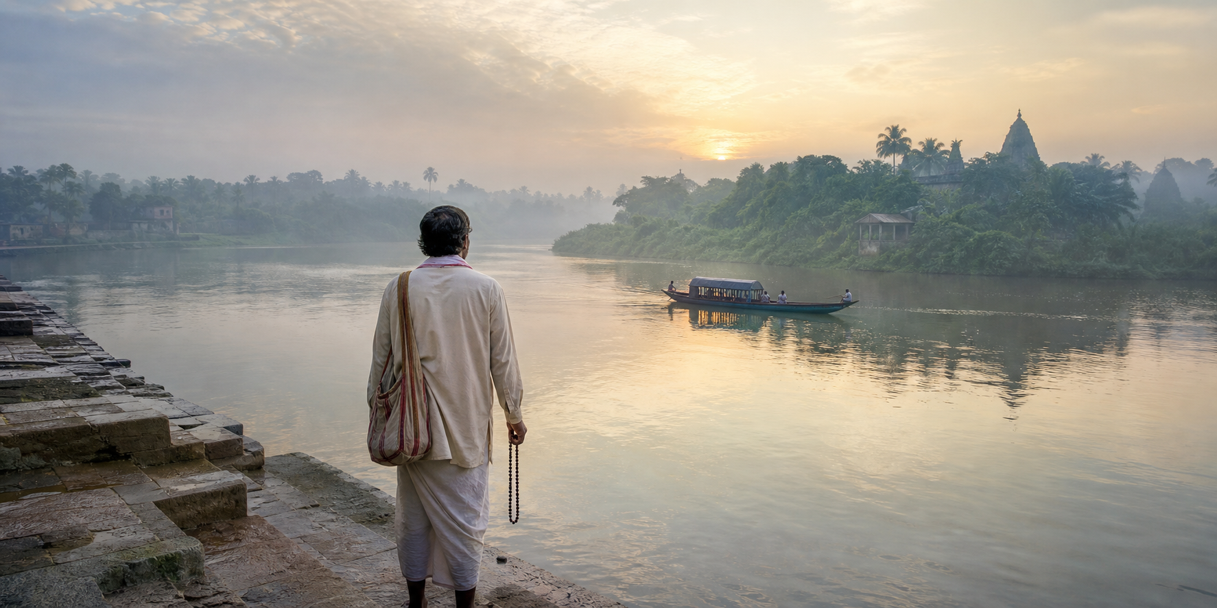 A pilgrim stands on stone steps beside a misty Bengal river at dawn as a wooden ferry travels toward a green island.