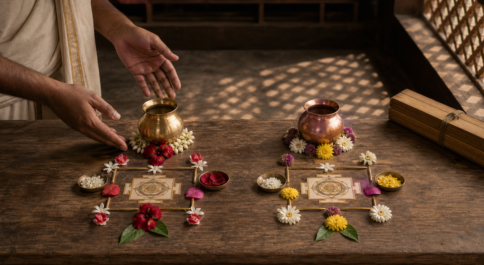 A practitioner compares two sets of ritual materials arranged in the same pattern around small geometric yantras.