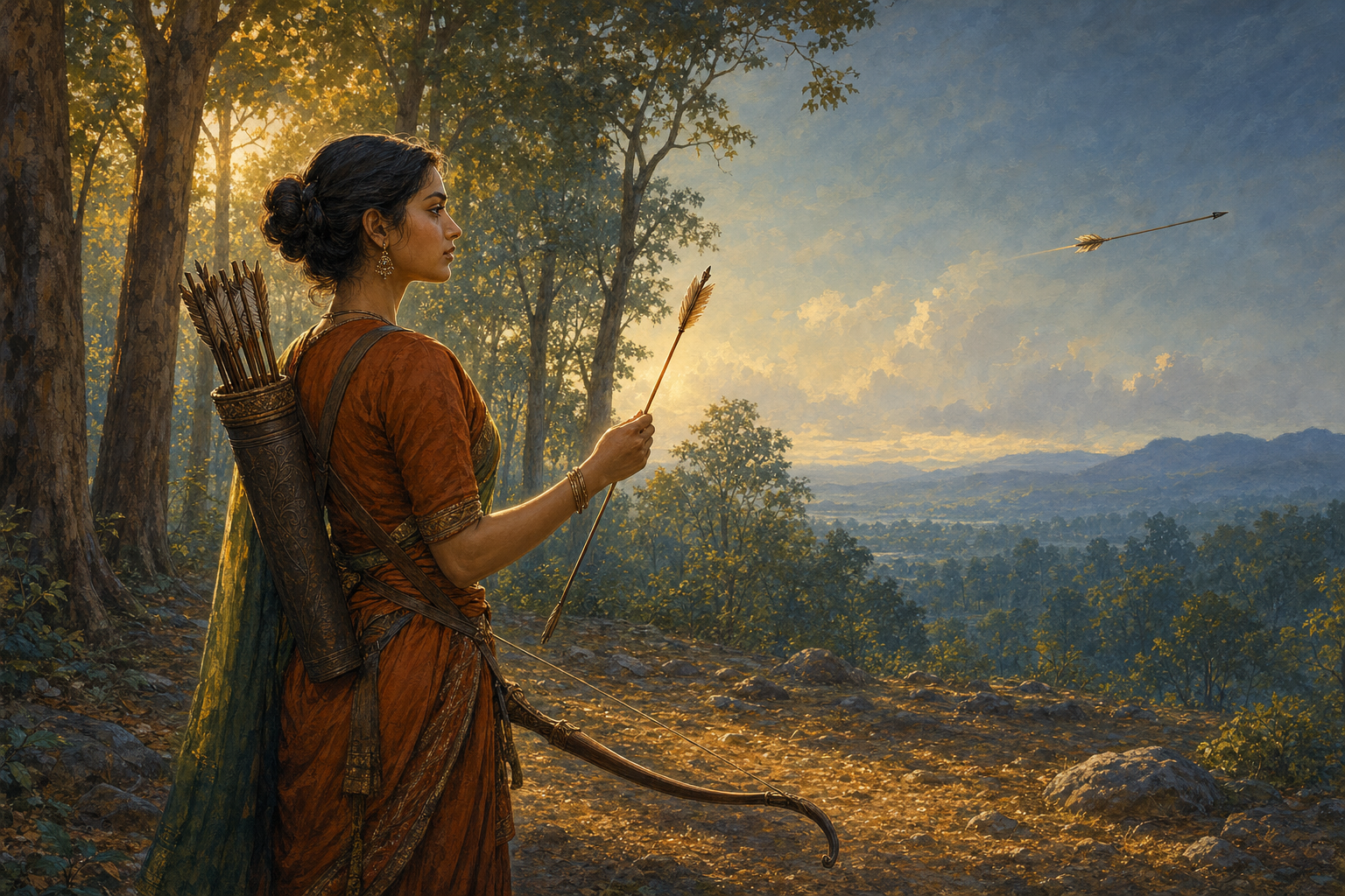 An archer in a forest clearing has arrows in a quiver, one arrow already in flight, and another arrow held beside a lowered bow.