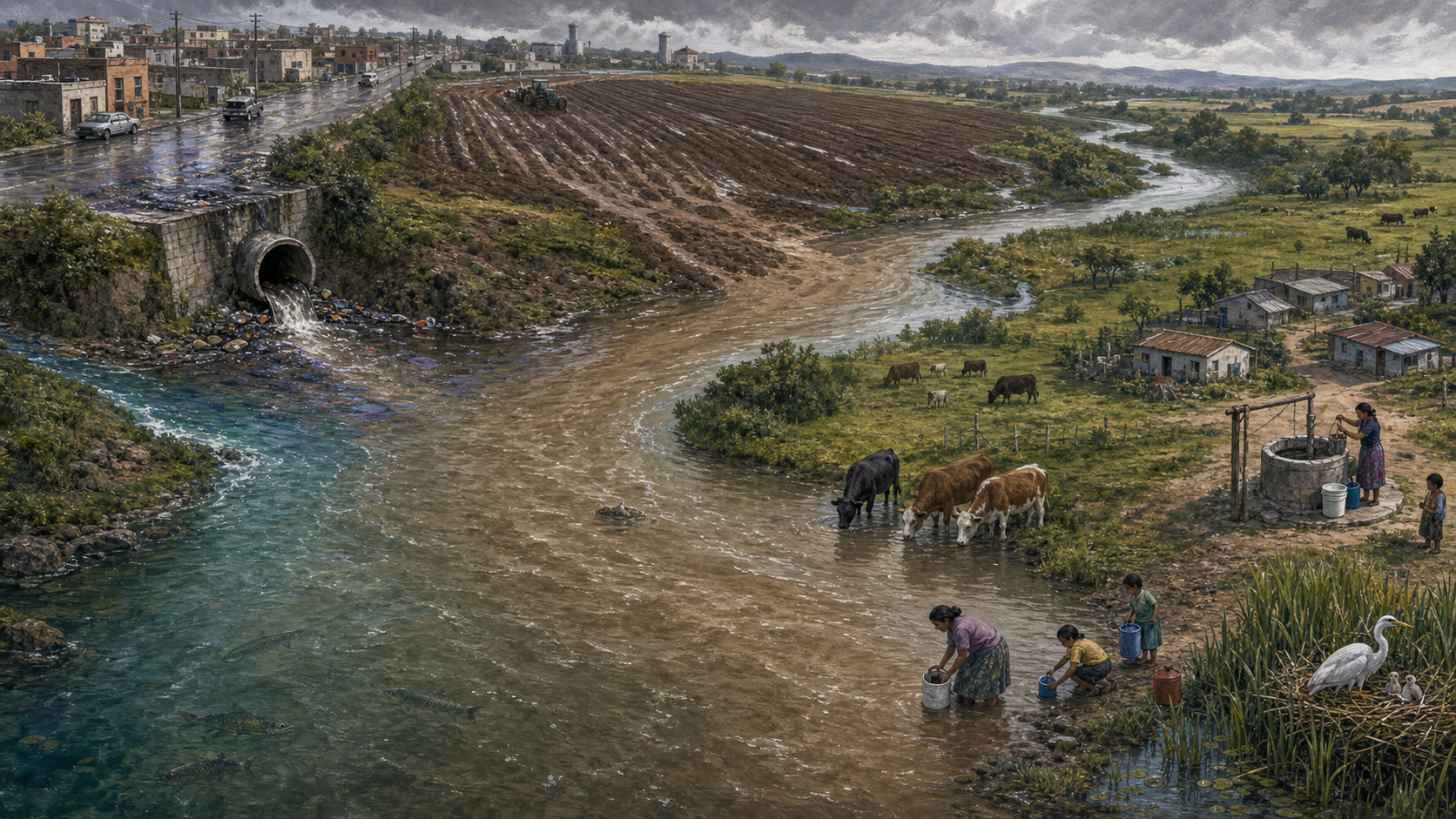 Runoff from streets and bare fields enters a river and travels toward downstream fish, livestock, homes, a well, wetlands, birds, and people collecting water.