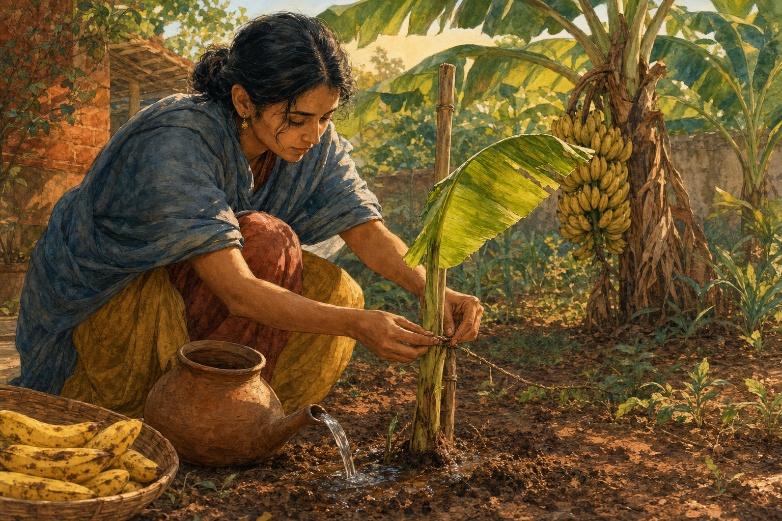 A woman waters and supports a bent young plantain plant while ripe plantains hang nearby and rest in a woven basket.