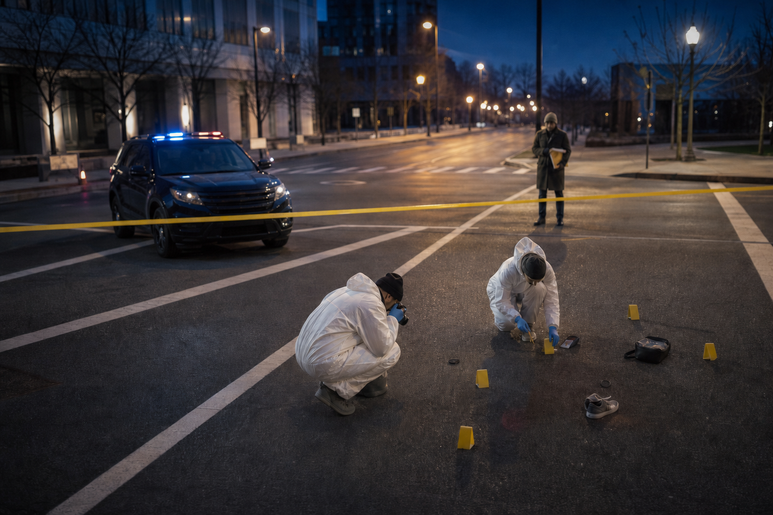 Forensic investigators document evidence at a cordoned urban intersection while an observer watches from a distance.
