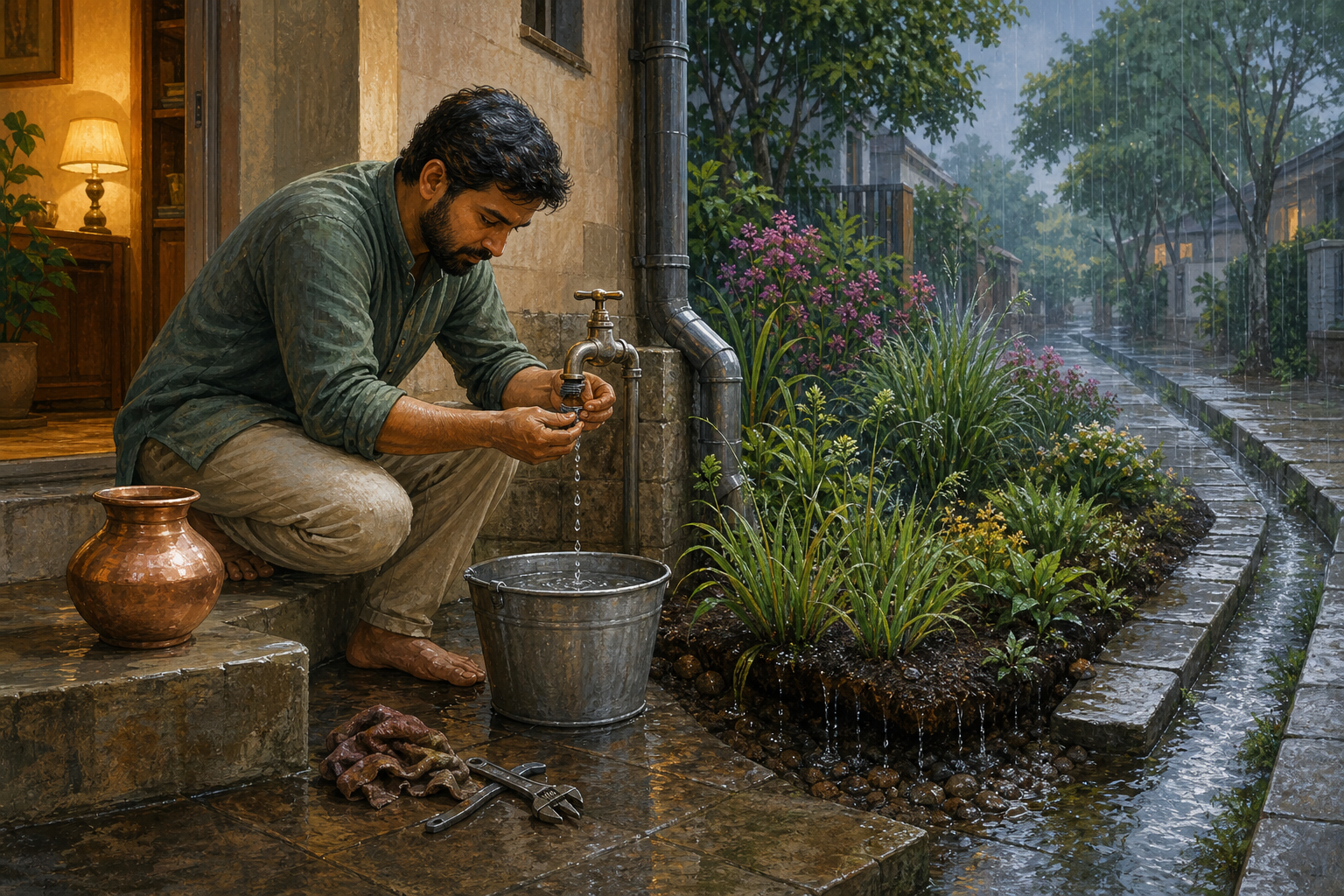 A householder repairs a leaking courtyard tap while a bucket catches the water, roof runoff feeds a planted rain garden, and a copper water vessel rests nearby.