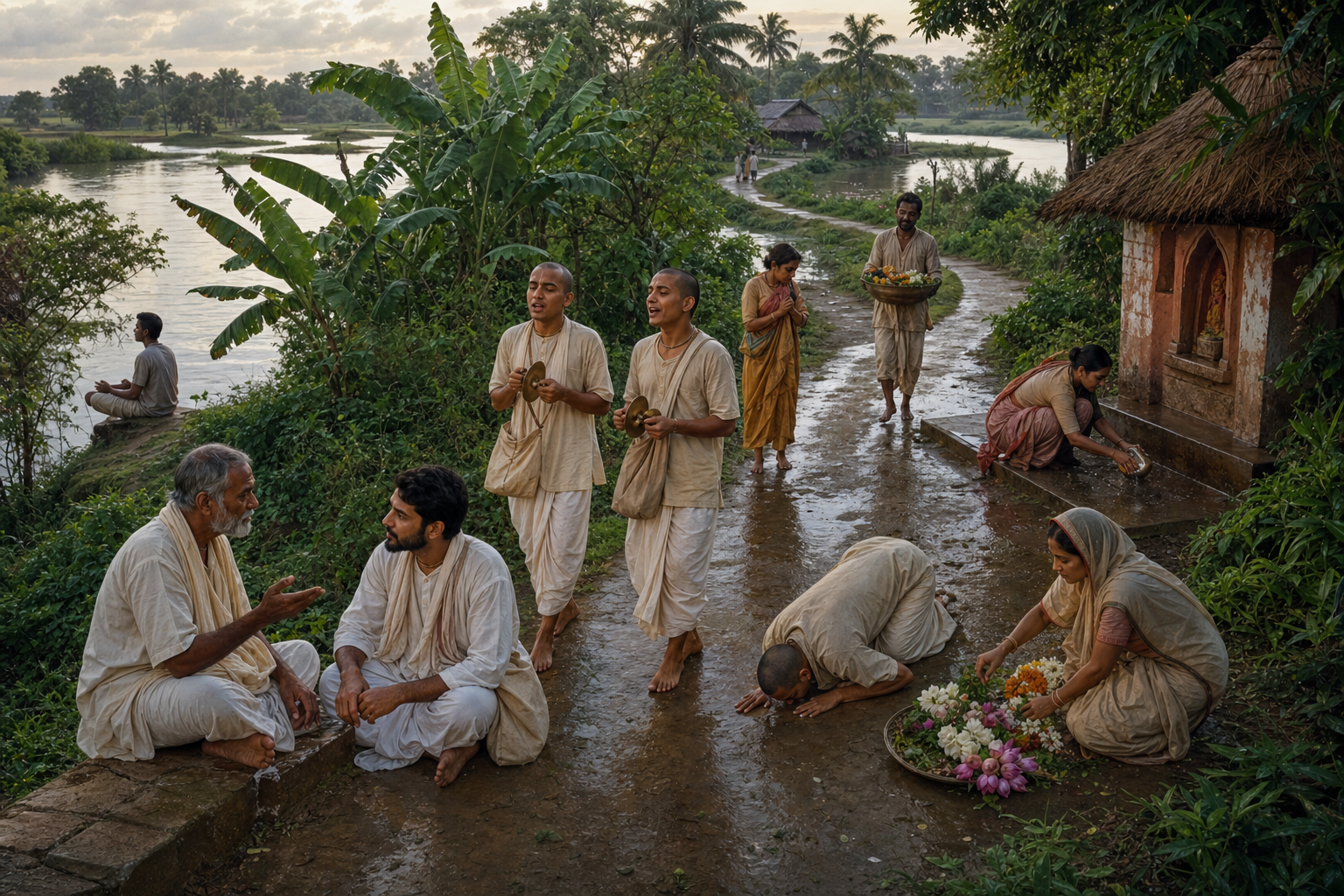 Pilgrims listen, chant, bow, carry offerings, serve others, and pray along a green river-island path in Navadvipa.