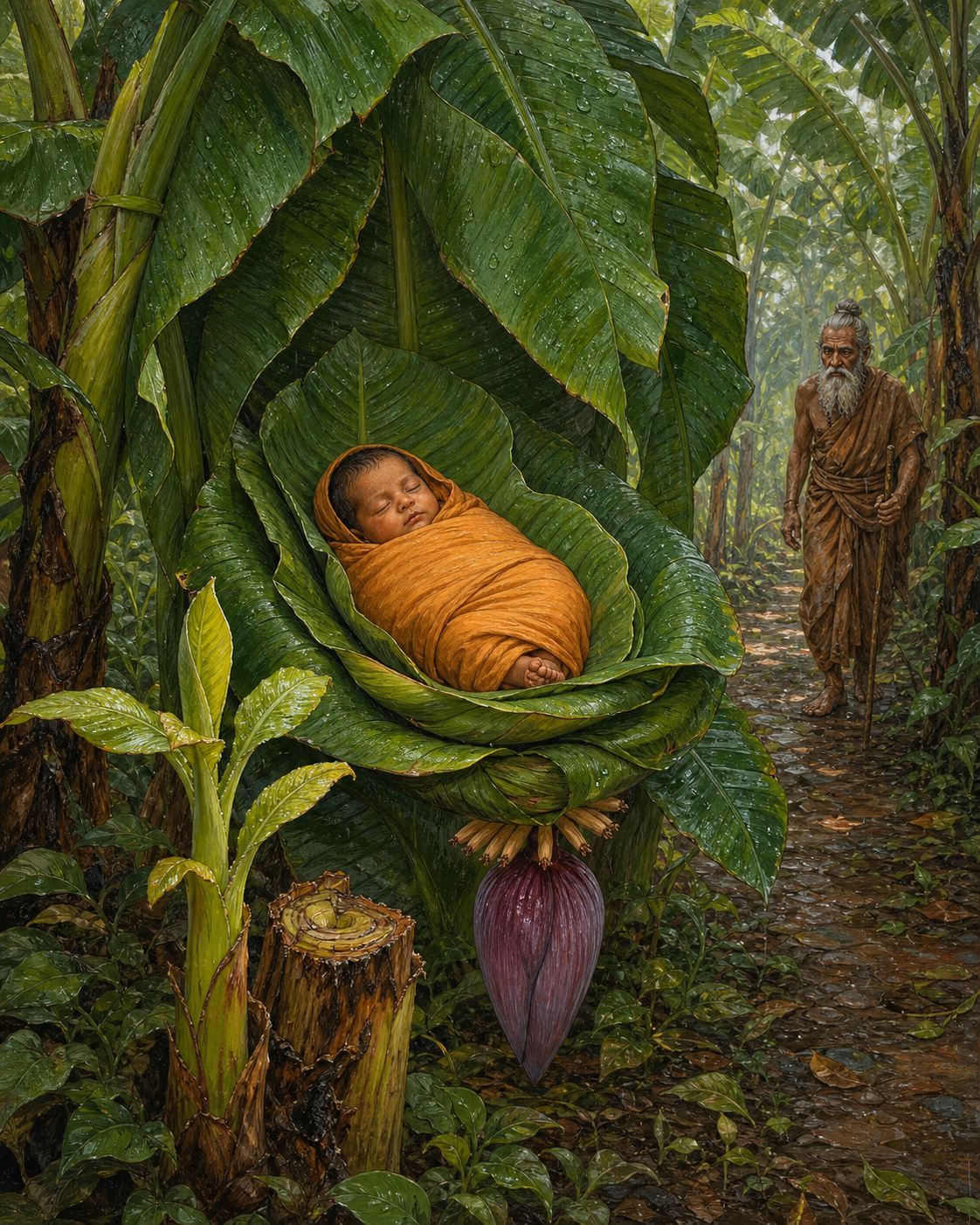 A wrapped newborn rests among unfurled plantain leaves as an elderly sage approaches through a rain-fresh grove.