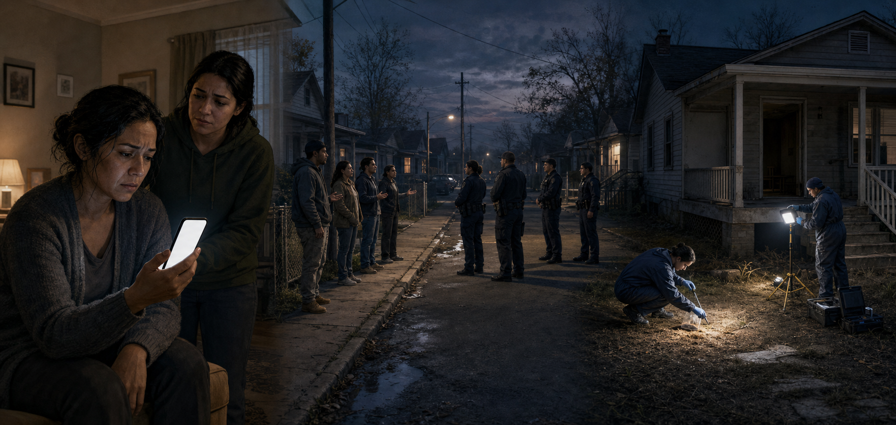 Three connected scenes show a civilian receiving a threat, a later police encounter, and a separate forensic examination.