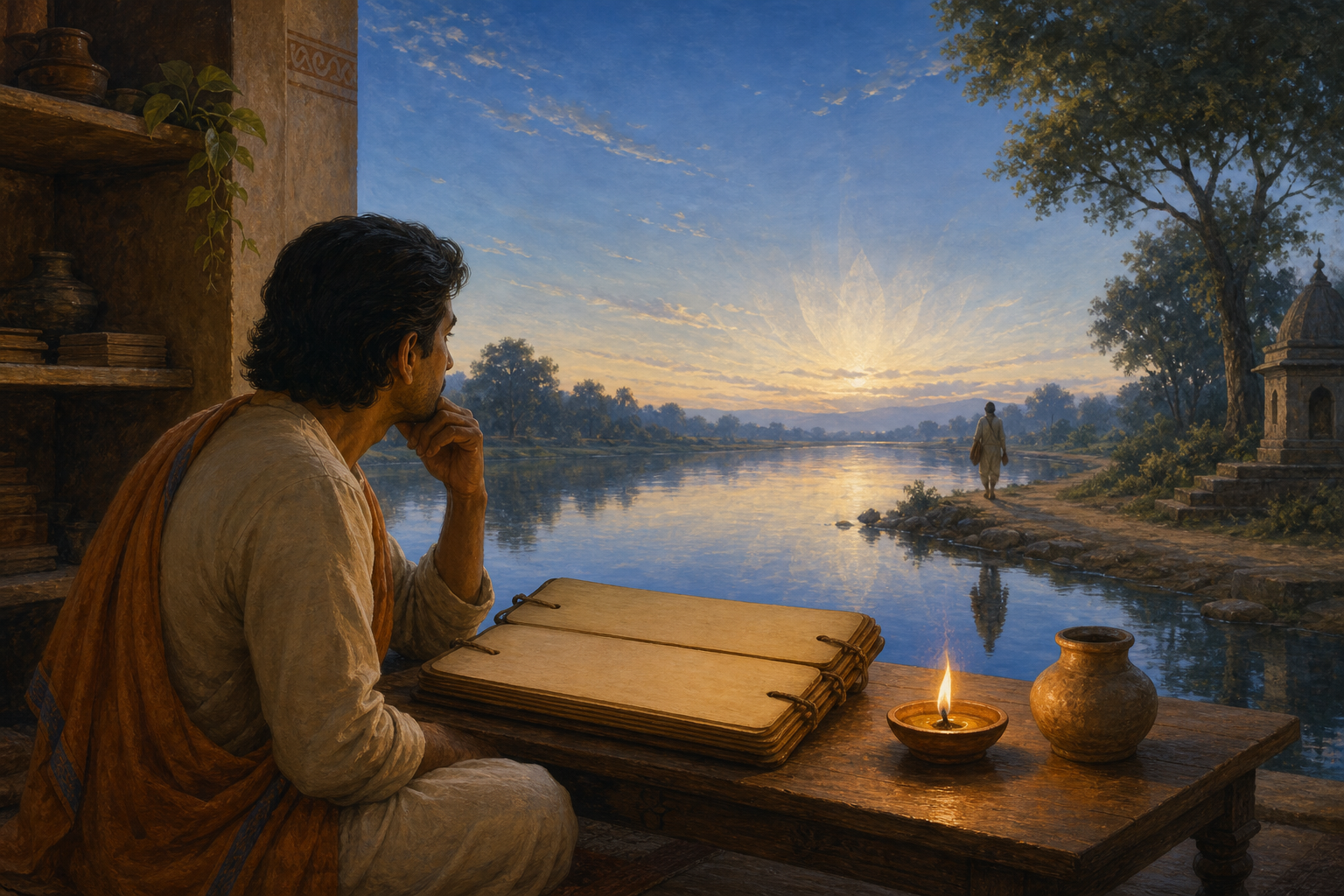 A reader studies an open palm-leaf manuscript as a lamp, riverbank, distant path, and luminous lotus-like glow form three visual depths.
