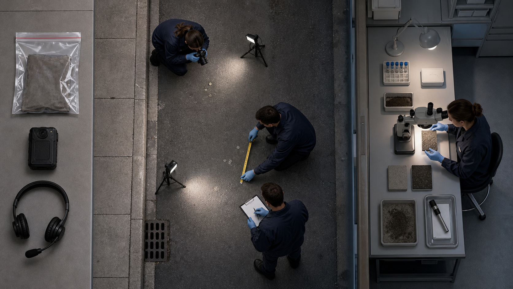 An overhead scene follows forensic work from evidence collection at a street location to documentation and laboratory analysis.