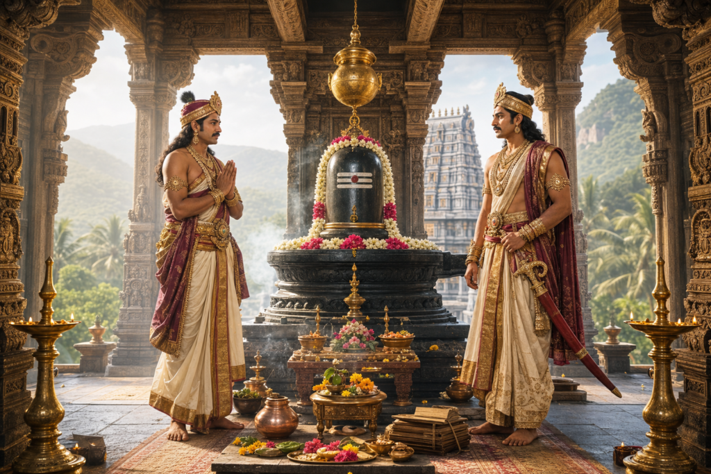 Pandya royal brothers reconcile before a Shiva lingam at Kasi Viswanathar Temple in Tenkasi.