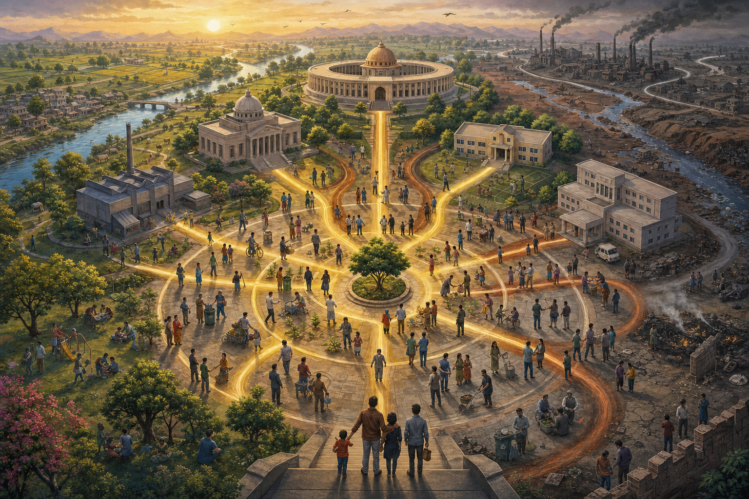 People's pathways converge beneath civic institutions and extend toward neighborhoods, farms, a river, and future generations in a symbolic circular landscape.