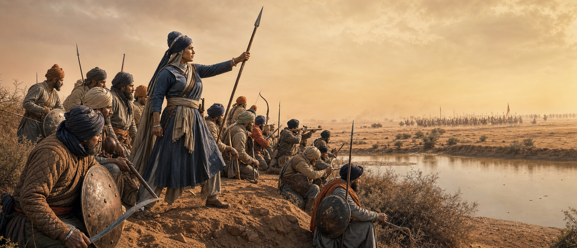 Mai Bhago and a band of Sikh warriors defend a water pool amid dust and scrub at Khidrana.