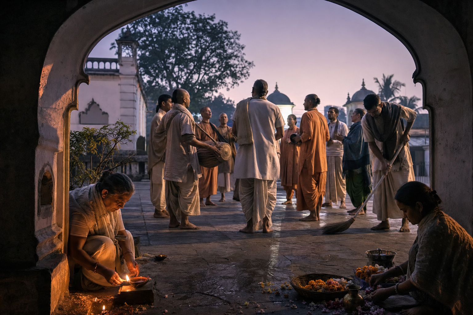 Devotees chant, play hand cymbals and a clay drum, light an oil lamp, sweep, and prepare flowers in a Mayapur courtyard before dawn.