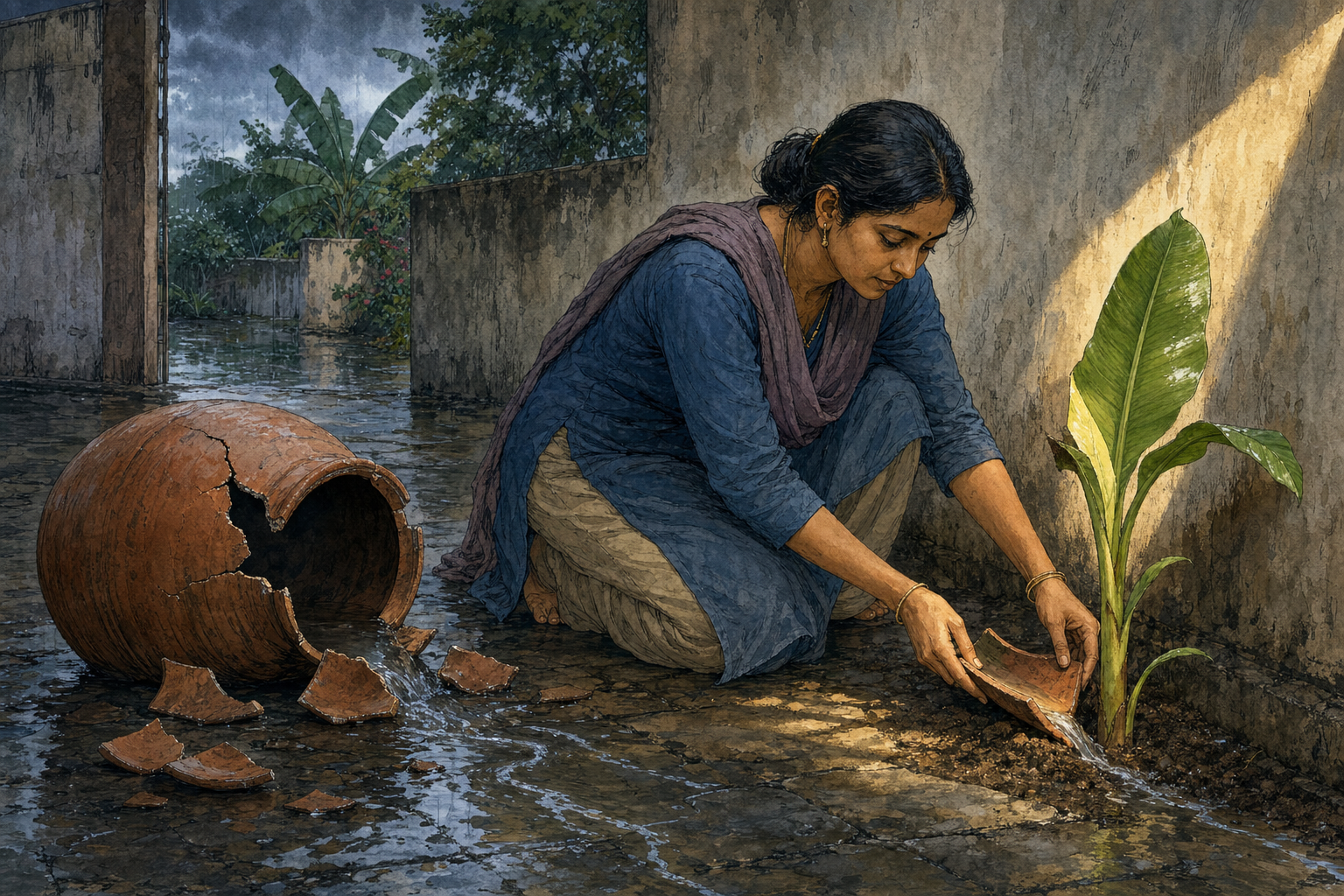 A woman uses a shard from a broken water jar to guide spilled rainwater toward a young plantain shoot.