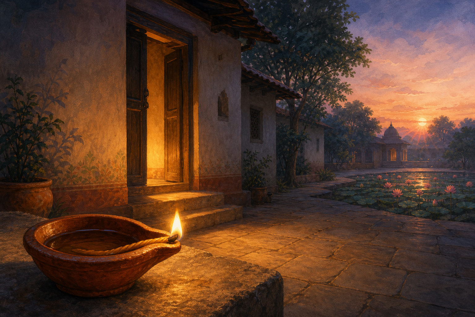 A clay oil lamp illuminates a doorway and path, while its glow blends into dawn above an opening lotus pond.