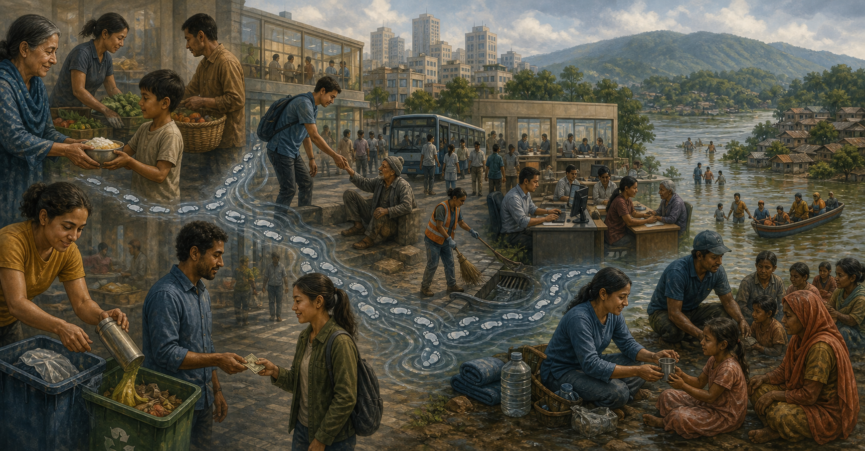 Repeated everyday actions form pathways through public institutions while people affected by a flood receive help in the distance.