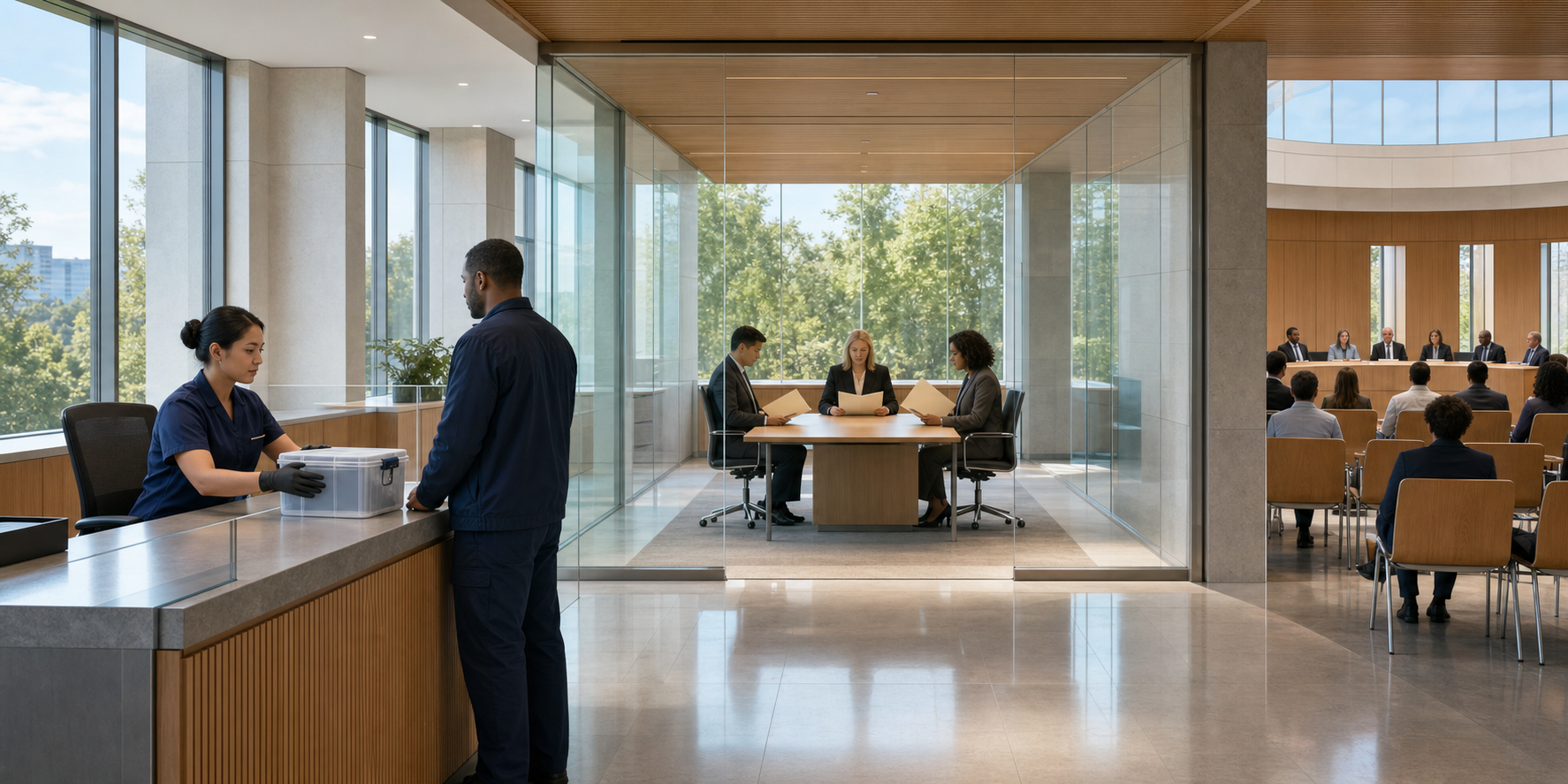 A transparent civic building contains evidence handling, independent review, and public oversight activities along one corridor.