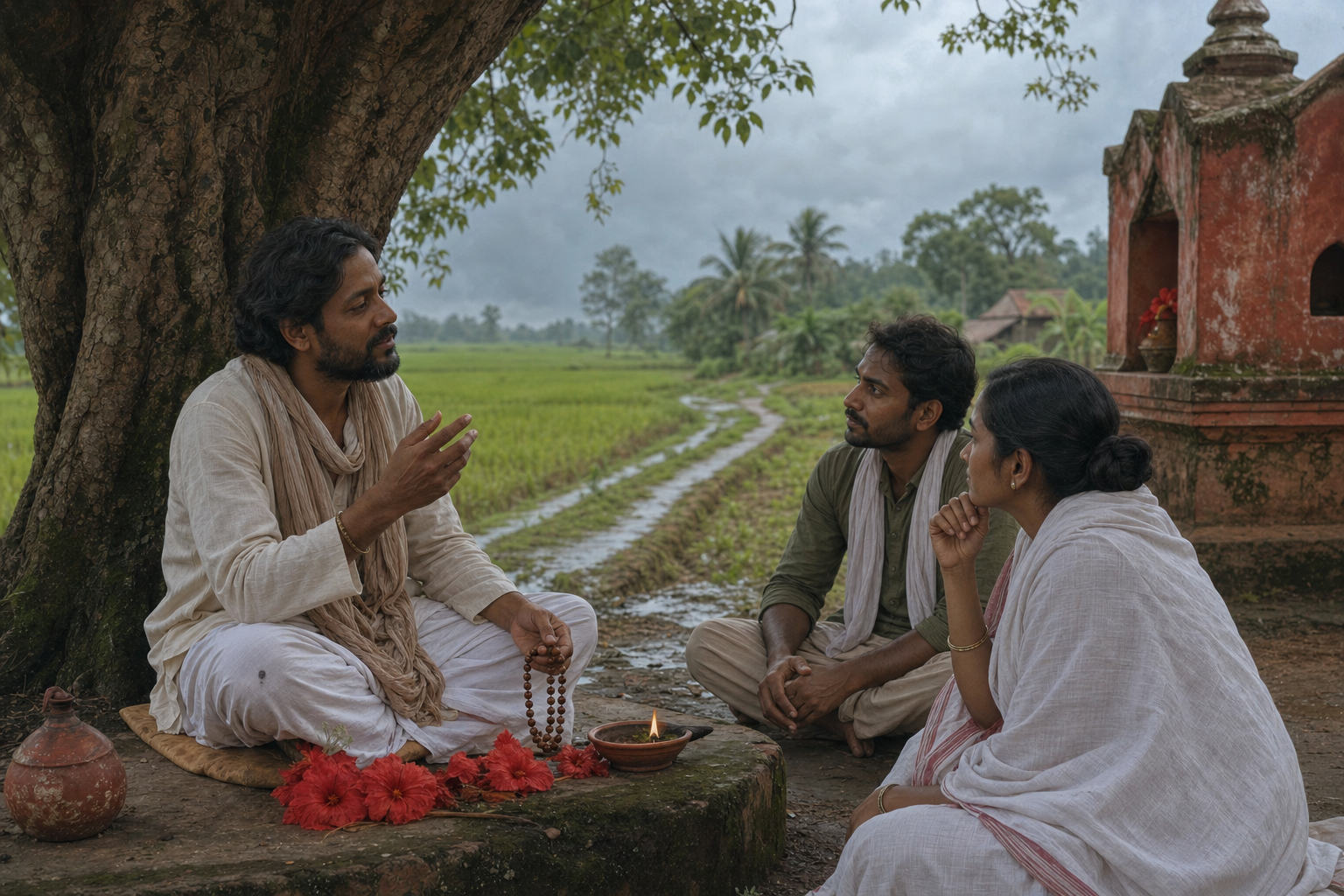 A pilgrim pauses with prayer beads while two companions listen beneath a tree beside a rural Bengal shrine with hibiscus offerings.