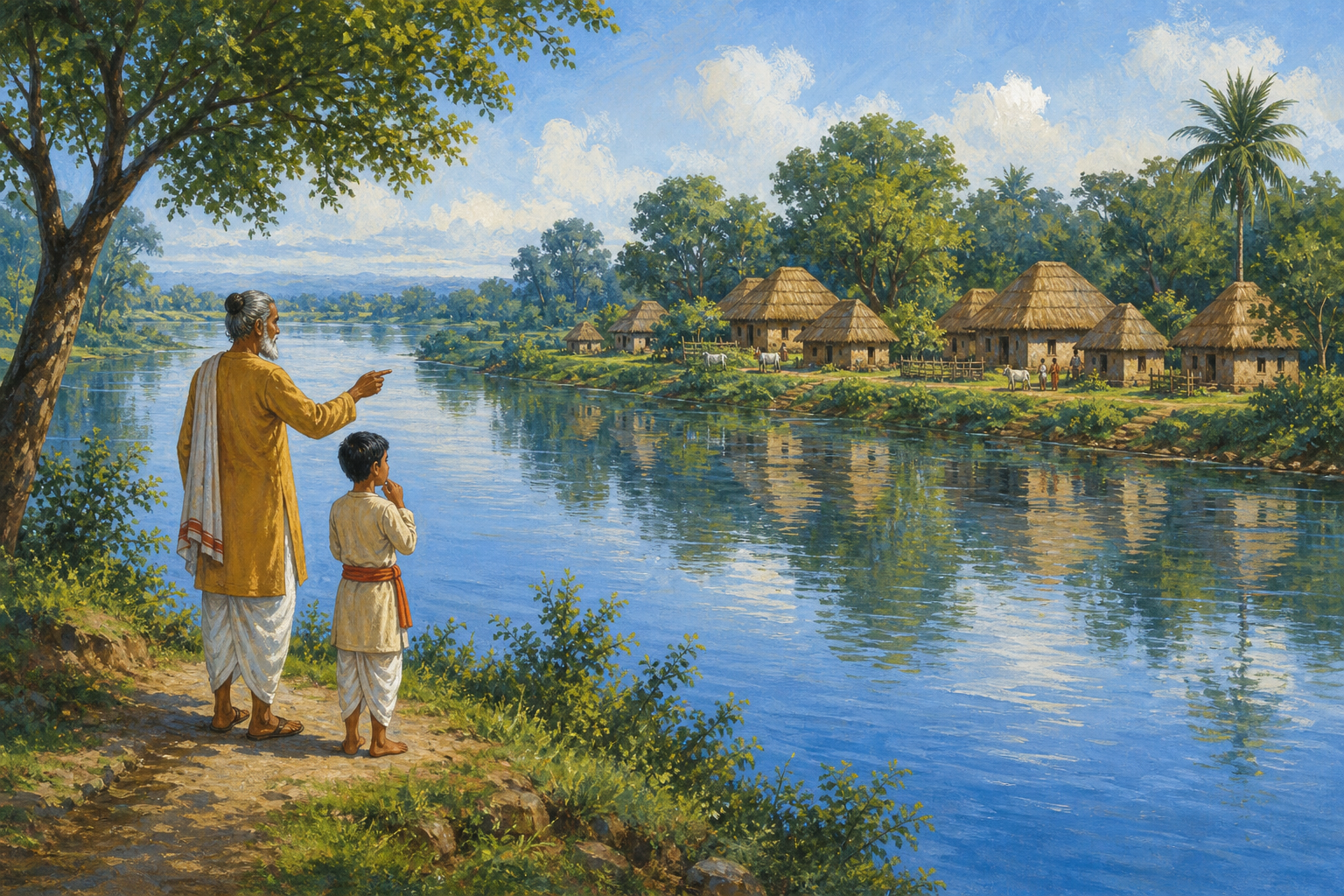 A teacher and student look toward a village built on the green bank of a broad river, with the huts reflected in the water.