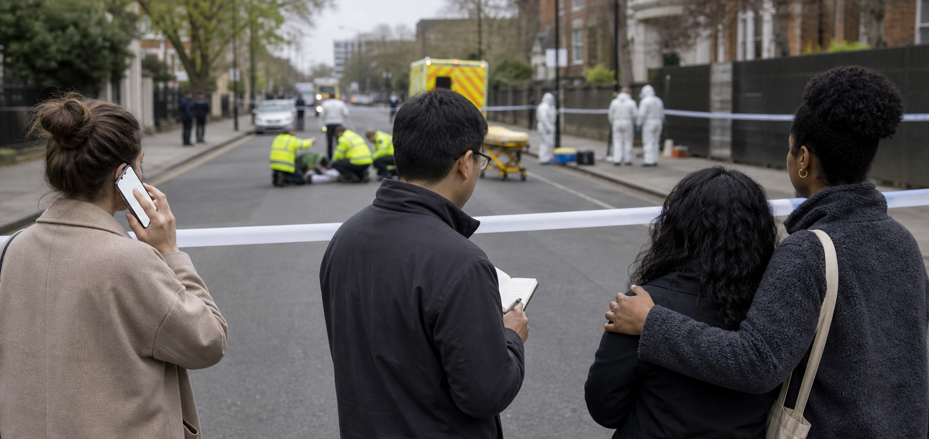 Bystanders stay behind a cordon, contact emergency services, record observations, and support one another while responders work.