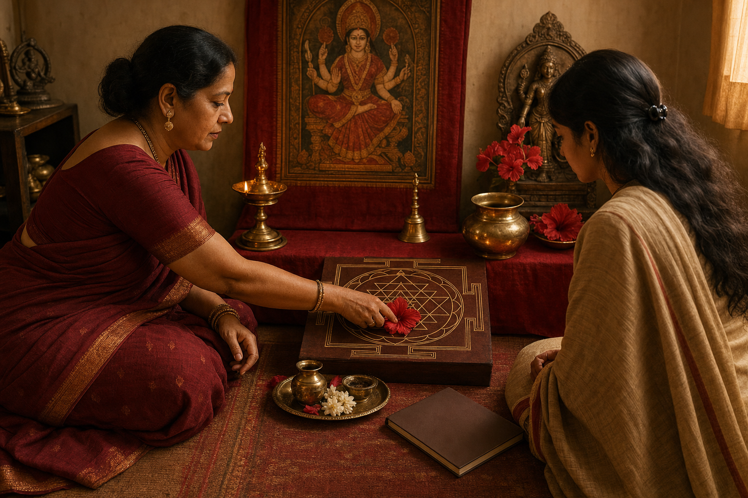 A woman teacher shows an adult student how to place a flower on an orderly Shakta ritual altar.