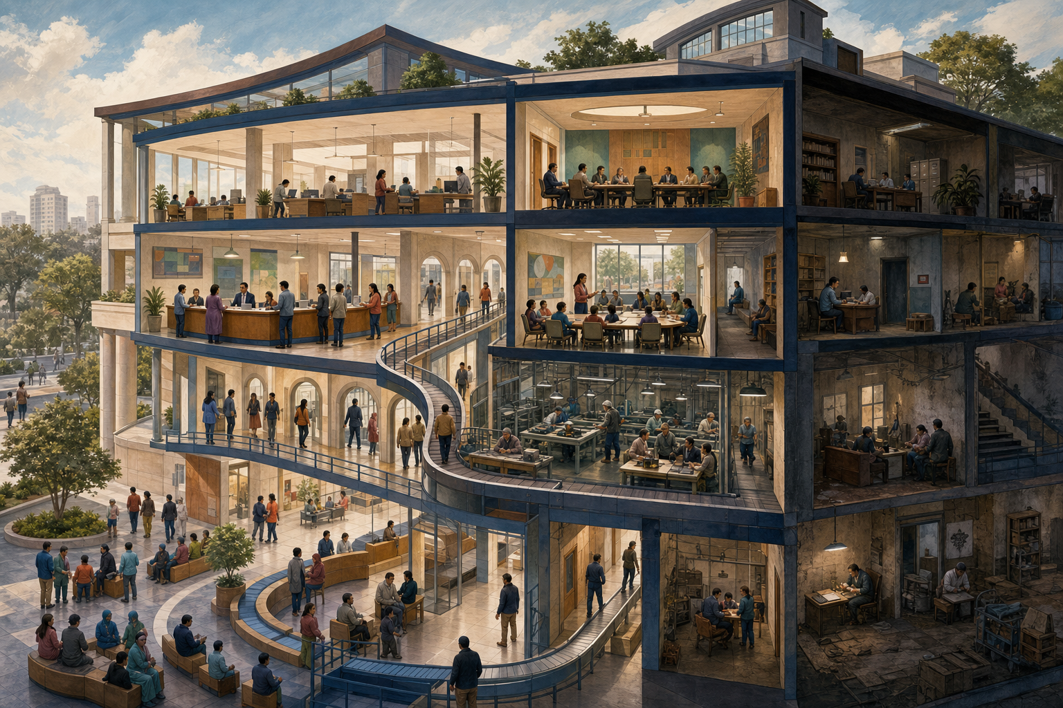 A cutaway civic building shows officials, teachers, workers, and citizens moving through routines shaped by institutional spaces and procedures.