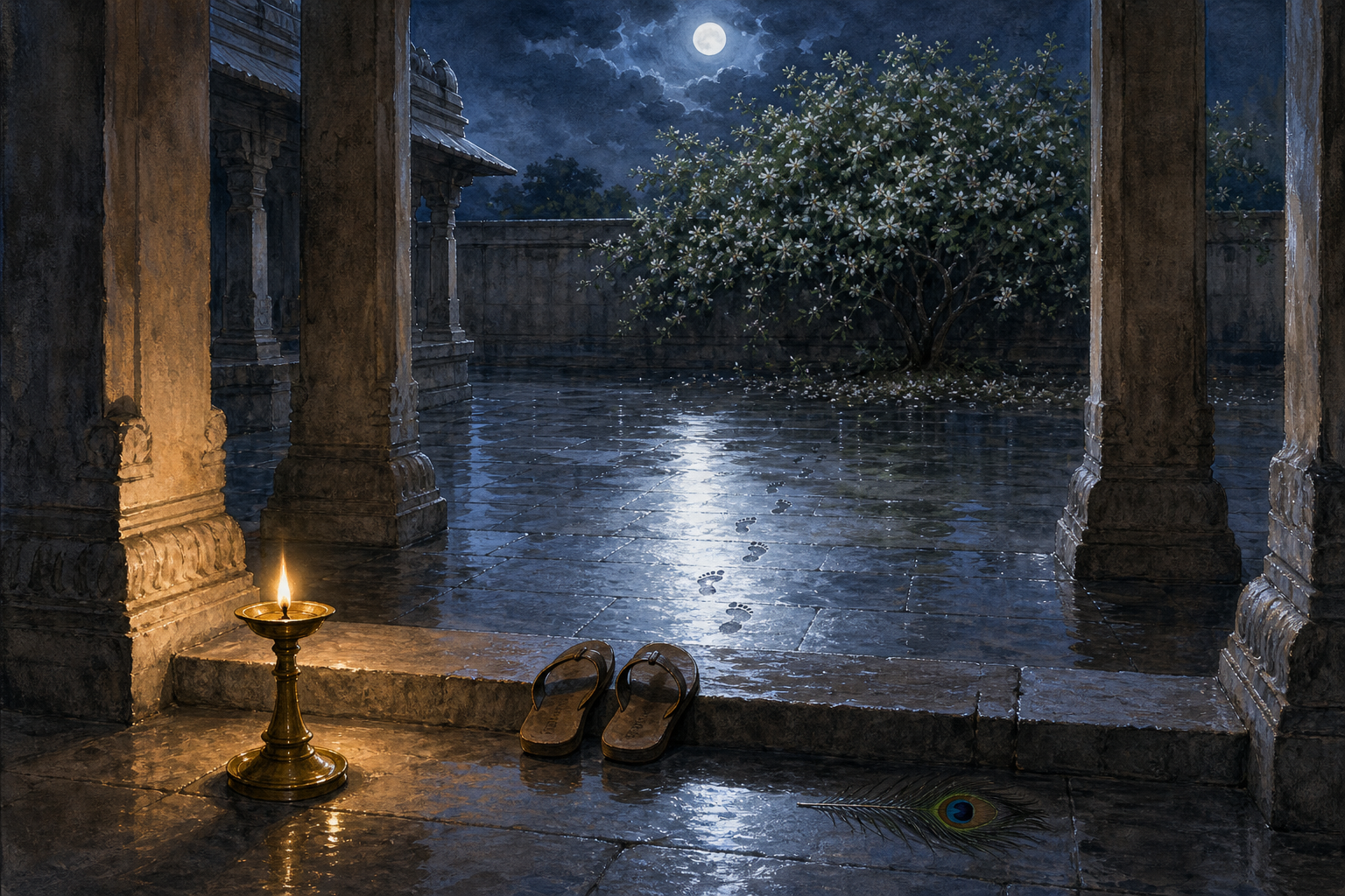 A moonlit temple courtyard contains a glowing lamp, sandals at a threshold, wet footprints, and a peacock feather after rain.