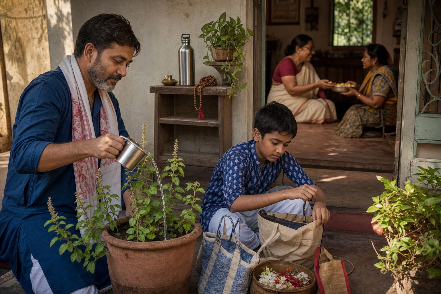 A returned pilgrim waters a tulsi plant as a child sorts reusable bags and flower petals on a shaded veranda while food is shared at the doorway.