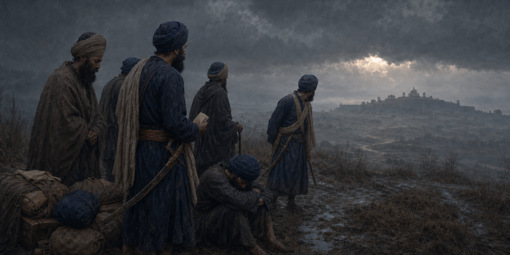 Weary Sikh travelers look back toward Anandpur while one carries a folded parchment during a stormy departure.