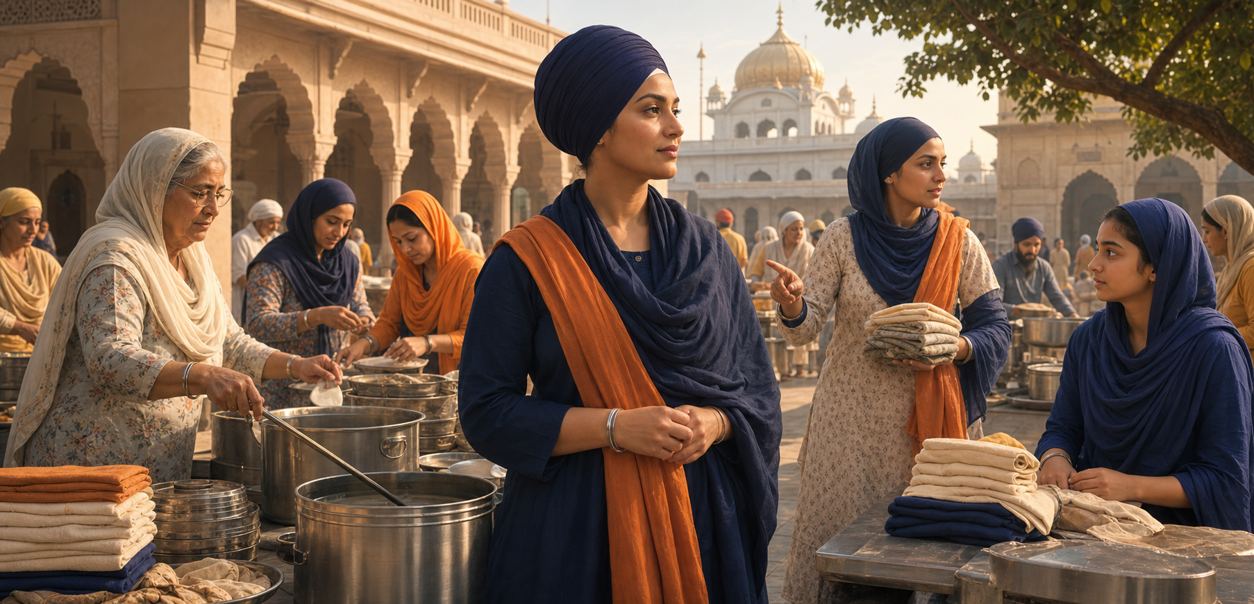Sikh women from several generations lead volunteers, organize langar supplies, and mentor a teenage girl in a gurdwara courtyard.