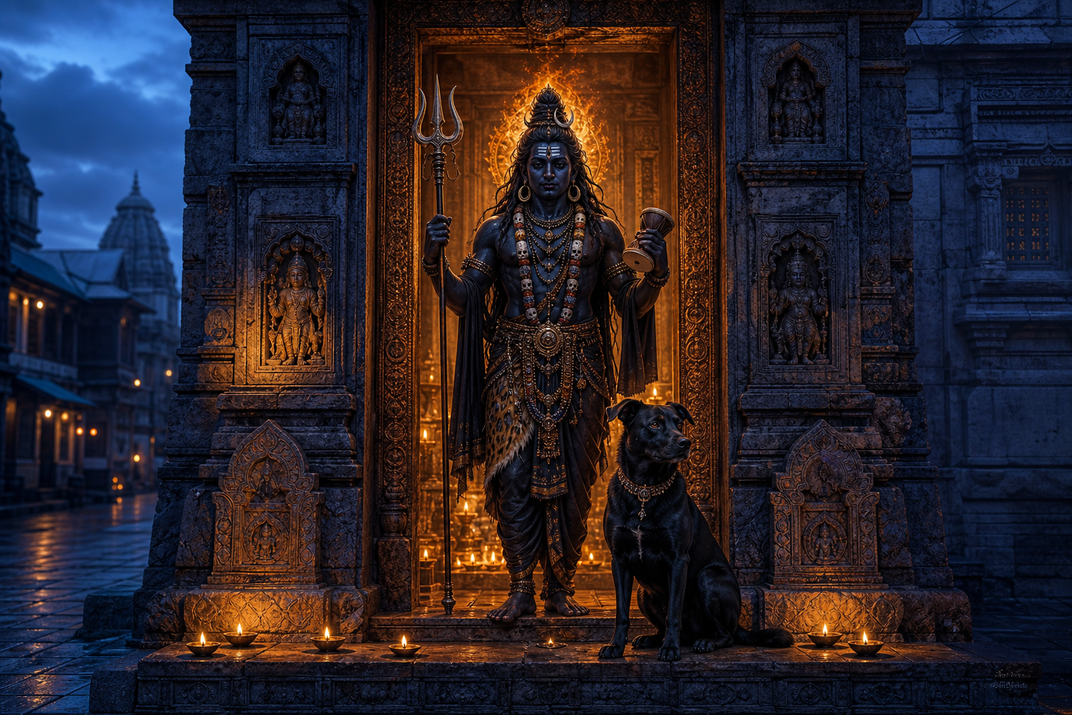Kala Bhairava and a watchful black dog stand at a lamp-lit stone temple threshold at blue hour.
