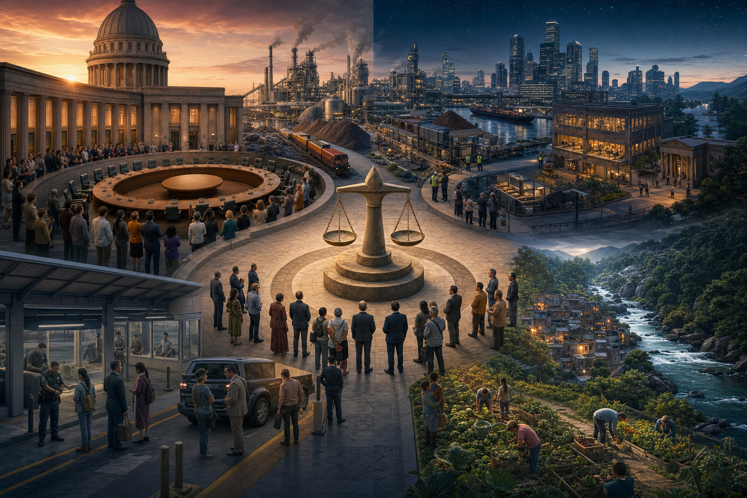Four connected settings depict government, economic activity, public security, and environmental stewardship around a shared civic courtyard.