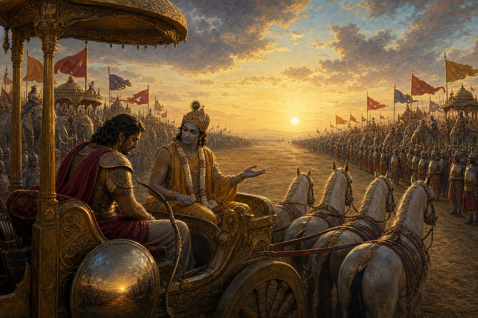A seated warrior listens to his charioteer in a stationary chariot between two waiting armies at dawn.
