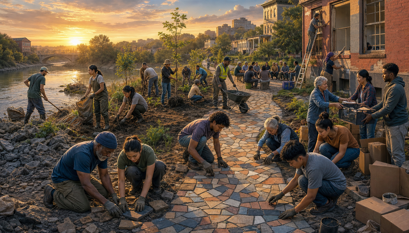 Residents and public workers clean a riverbank, plant trees, repair community buildings, distribute supplies, and rebuild a shared pathway.
