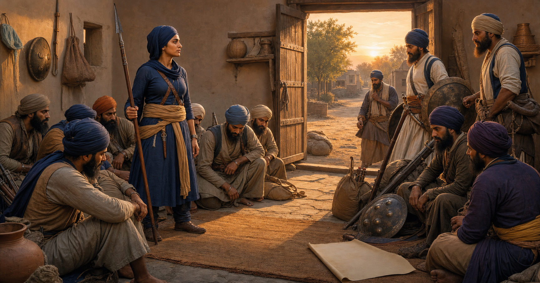 Mai Bhago addresses a group of Sikh men in a village courtyard as they prepare their weapons and travel gear.