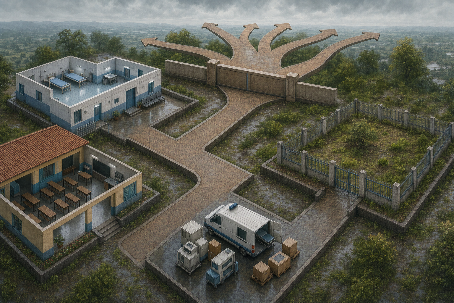 An unused school, hospital ward, land parcel, vehicle and equipment shown behind an administrative barrier.
