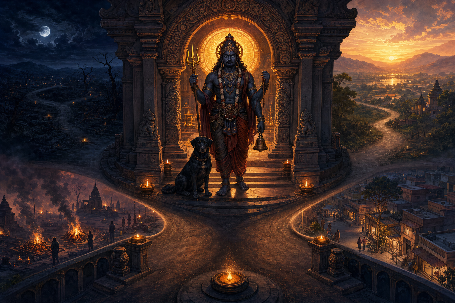 Bhairava and a black dog guard a temple arch between a glowing shrine and several shadowed paths beyond.