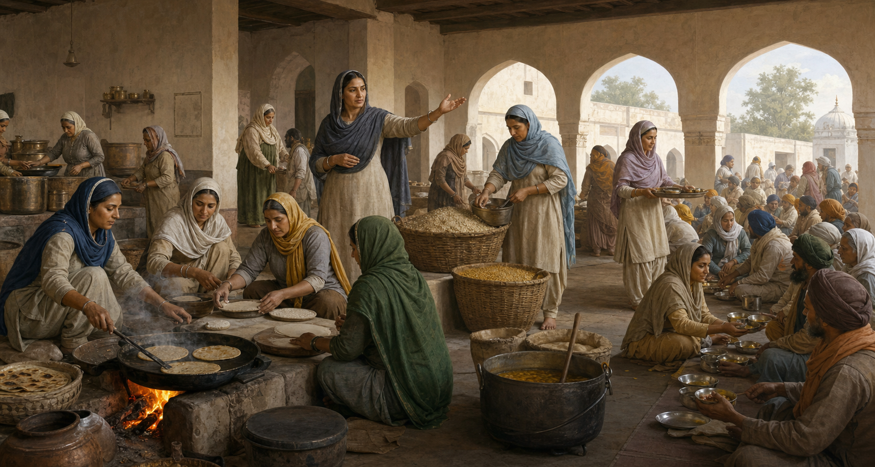 Sikh women organize grain, cooking, and meal distribution in a large historical community langar.
