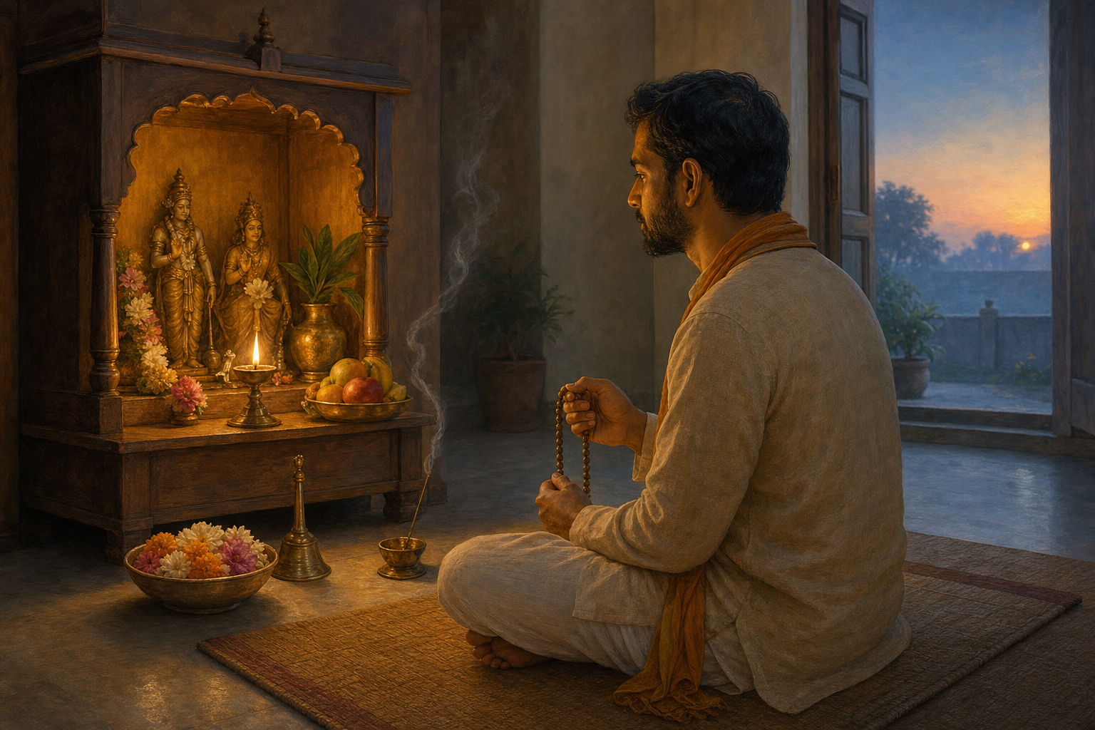 A Hindu practitioner meditates with prayer beads before a home puja altar lit by a ghee lamp at dawn.