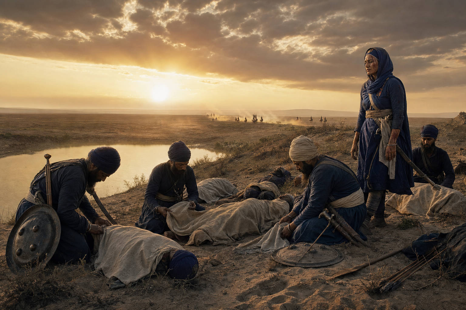 Sikh survivors cover fallen companions with cloth beside the water pool after the battle at Khidrana.