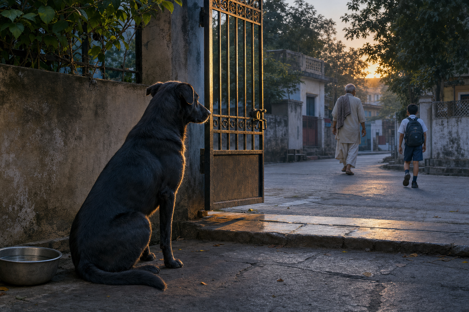 An alert black dog sits peacefully beside a neighborhood gate and water bowl at dawn.