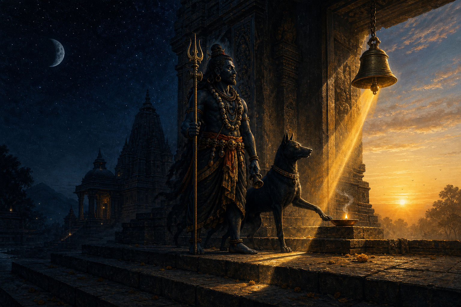 Bhairava and a black dog stand on temple steps where the final darkness of night meets the first light of dawn.