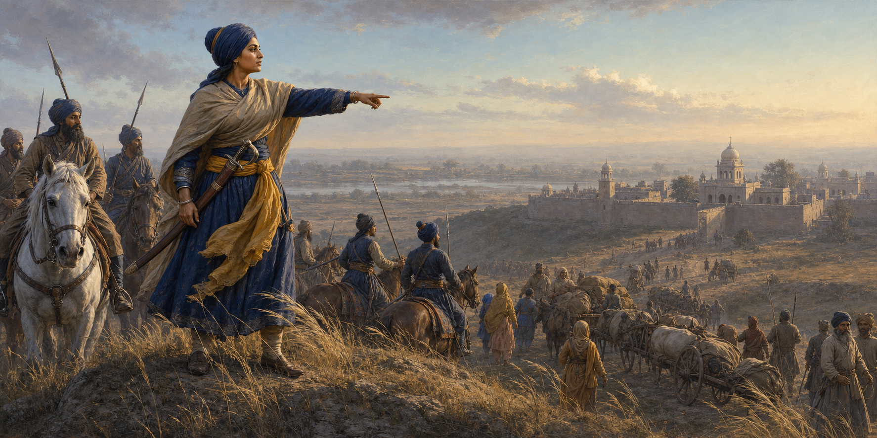 A Sikh woman commander directs scouts and defenders while families and supply carts move toward a fortified settlement.