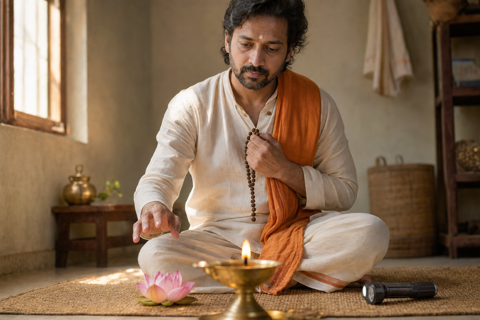 A seated practitioner focuses on a lamp while holding prayer beads and pausing thoughtfully between objects nearby.